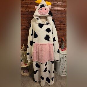 Plush Cow Print Hooded Wearable Pullover Robe/Jammies